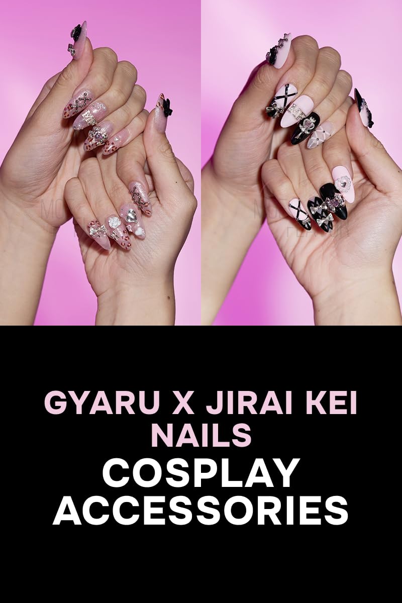 Gyaru Glam Leopard Print Press-On Nails – Kawaii Cosplay Nails with Glitter, Bows & Charms - Costume Accessory (Gyaru, M)