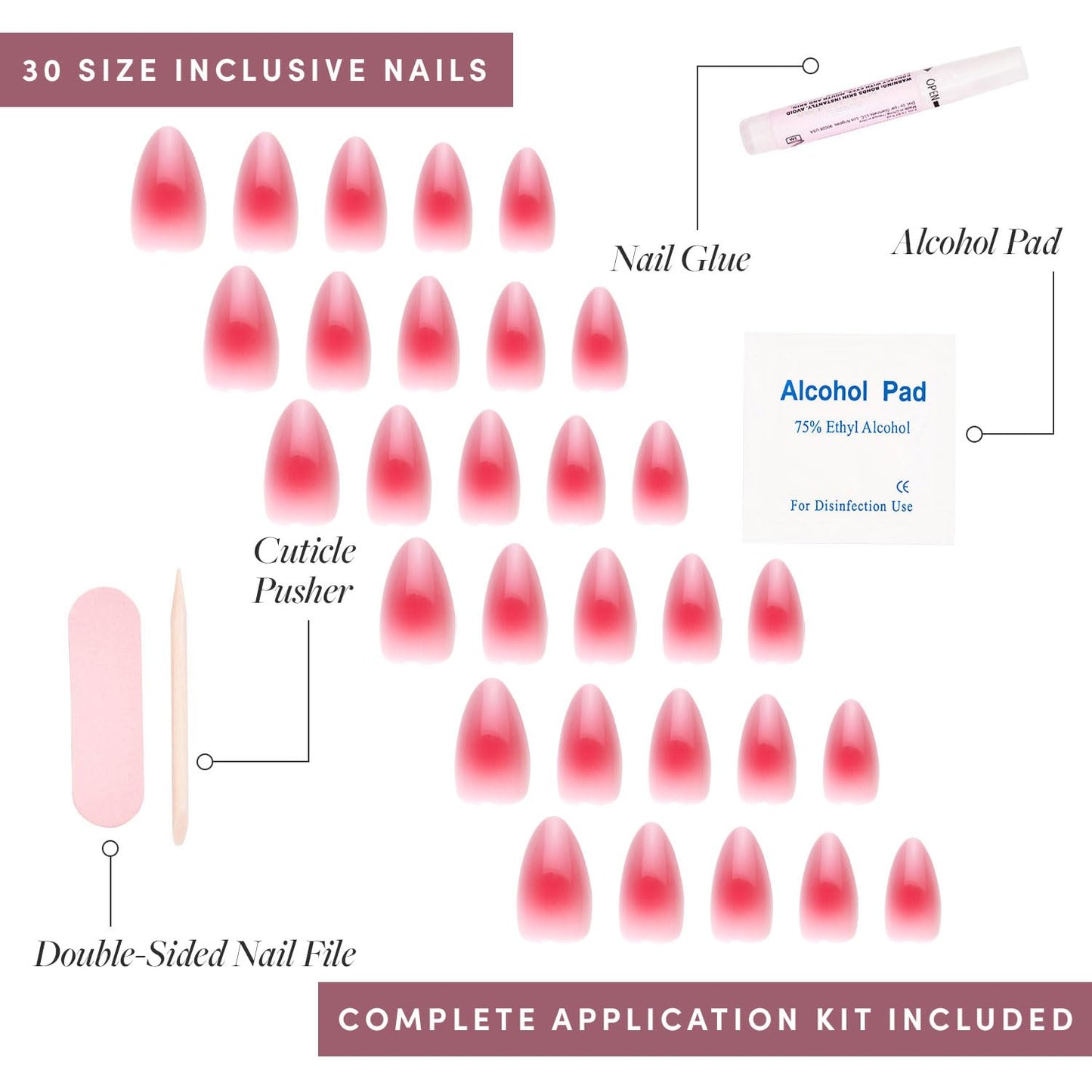 Glamnetic Press On Nails - Blushing Aura | Short Almond Trendy Pink with Ombre Center Fake Nails in a Glossy Finish | 15 Sizes - 30 Nail Kit with Glue