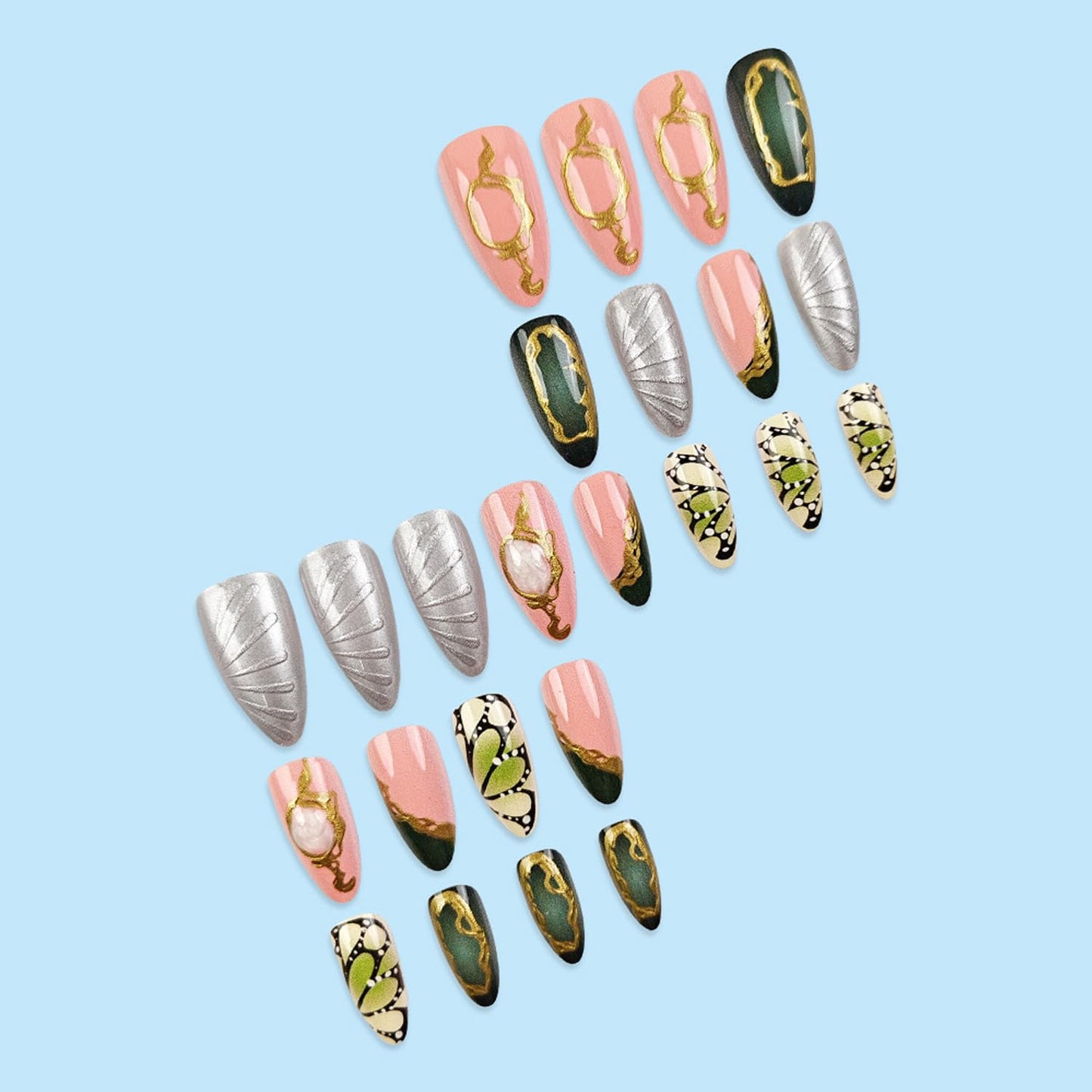 24pcs Almond Press on Nails Medium Length Fake Nails French Tip Press on Butterfly Wings Designs Glossy Chrome Gold Gems Stick on Nails Almond Nails Retro Green Fall Luxury Nail Finger Manicure Kit