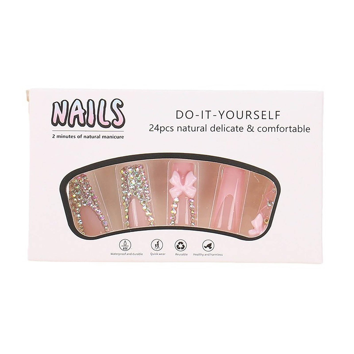 RUOKEXIN Long Square Press on Nails - French Tip False Nails Pink, Bow Rhinestone Designs, 24Pcs