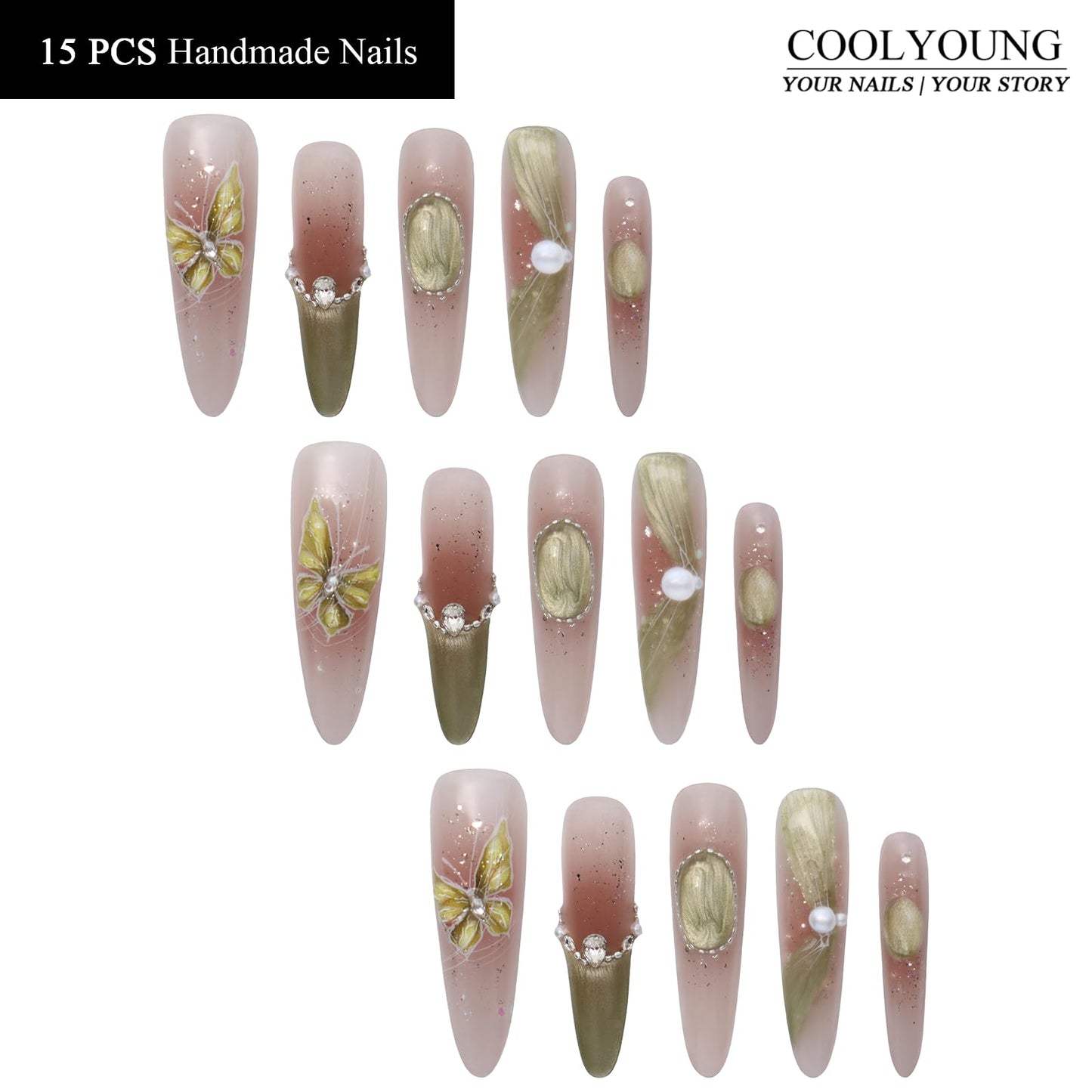 Handmade Press On Nails Long Green Fake Press On Nails Acrylic Natural Nails Women Gift Ideas French Tip Nails With Pearl Designs COOLYOUNG 15 PCS, Size L