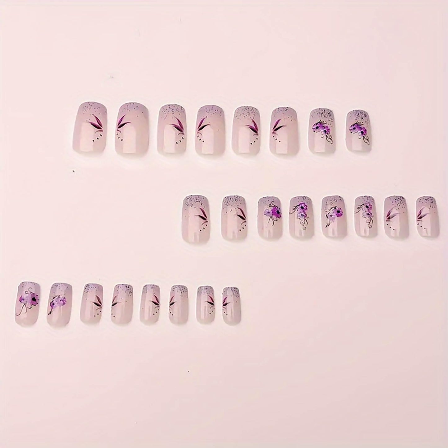 Press on Nails Medium Purple French Tip Fake Nails Glitter Square False Nails with Purple Flower Designs Glue on Nail Glossy Artificial Nails Acrylic Natural Stick on Nail for Women Girls 24Pcs