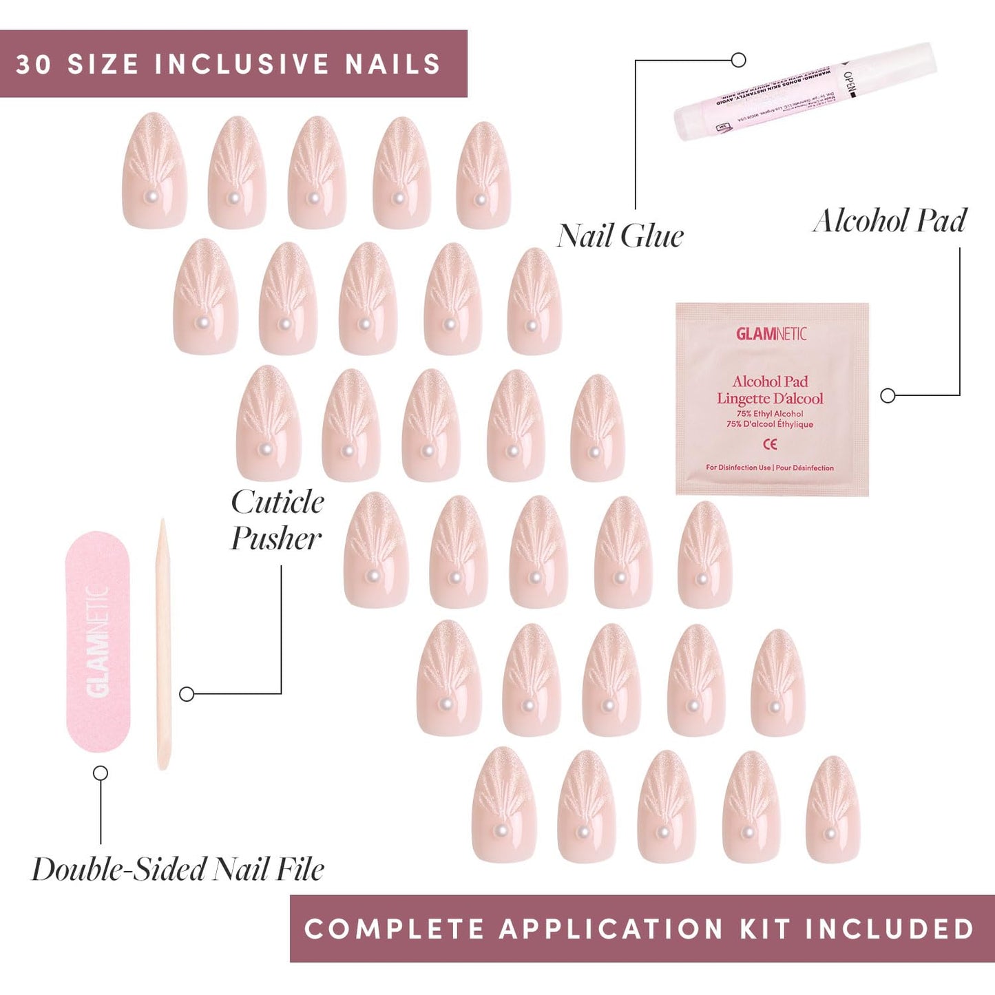 Glamnetic Press On Nails - Honeymoon | Short Almond Nude Fake Nails with 3D Nail Art and Glossy Velvet Finish, Salon Quality | 15 Sizes - 30 Nail Kit with Glue