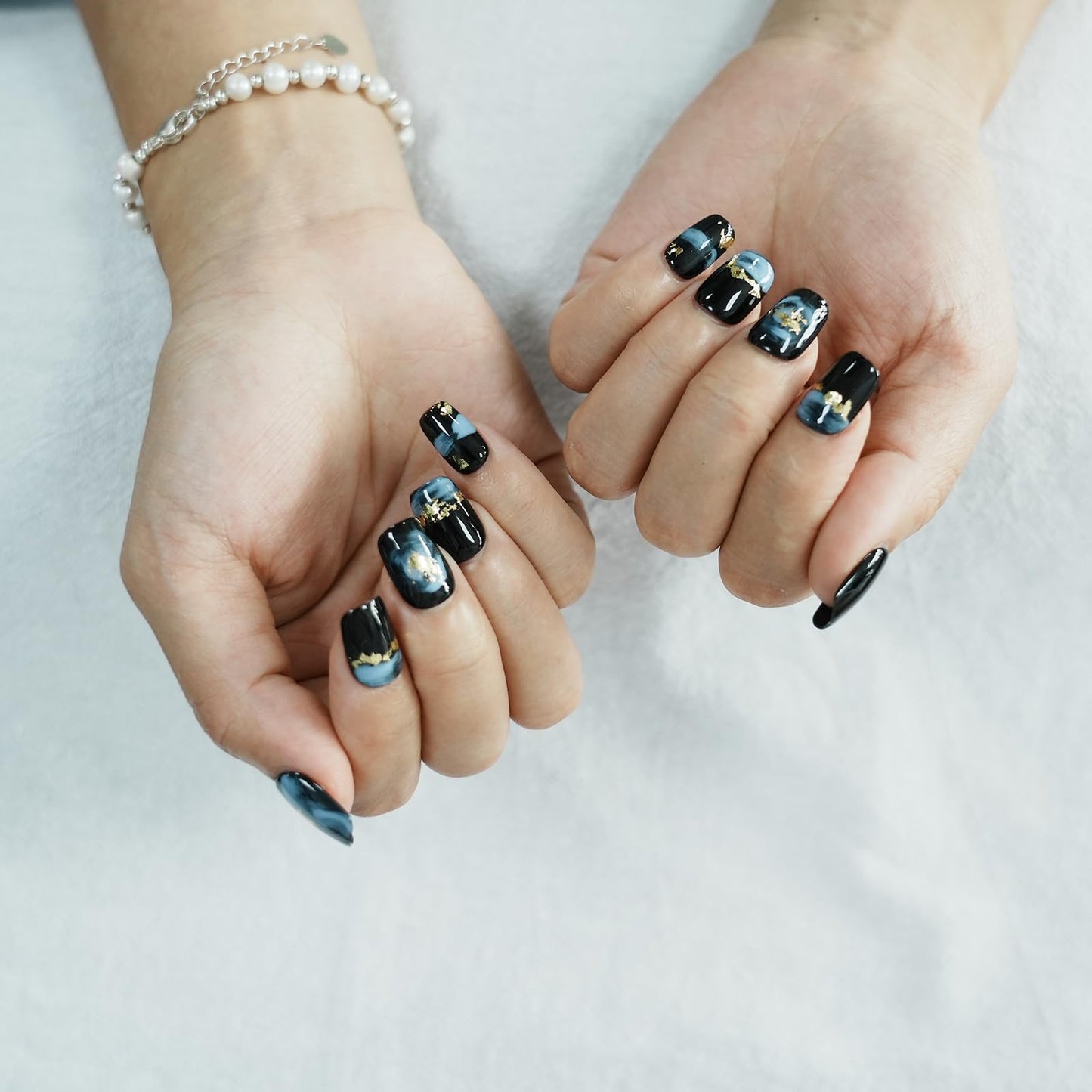 Tesytto Short Coffin Press on Nails - Handmade Black Fake Nails with Blue Ombre Glitter Gold Foil Design, High Gloss Acrylic Nails for Women, Party, Daily Wear (Playful Doodle,L)