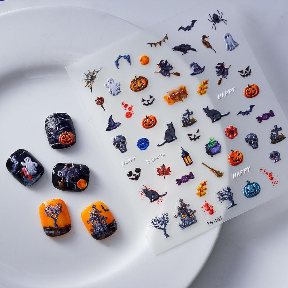 Halloween Nail Art Stickers 5D Embossed Ghost Cat Nail Stickers Skull Witch Pumpkin Spider Nail Decals for Women Girls Holiday Manicure DIY Nail Supplies