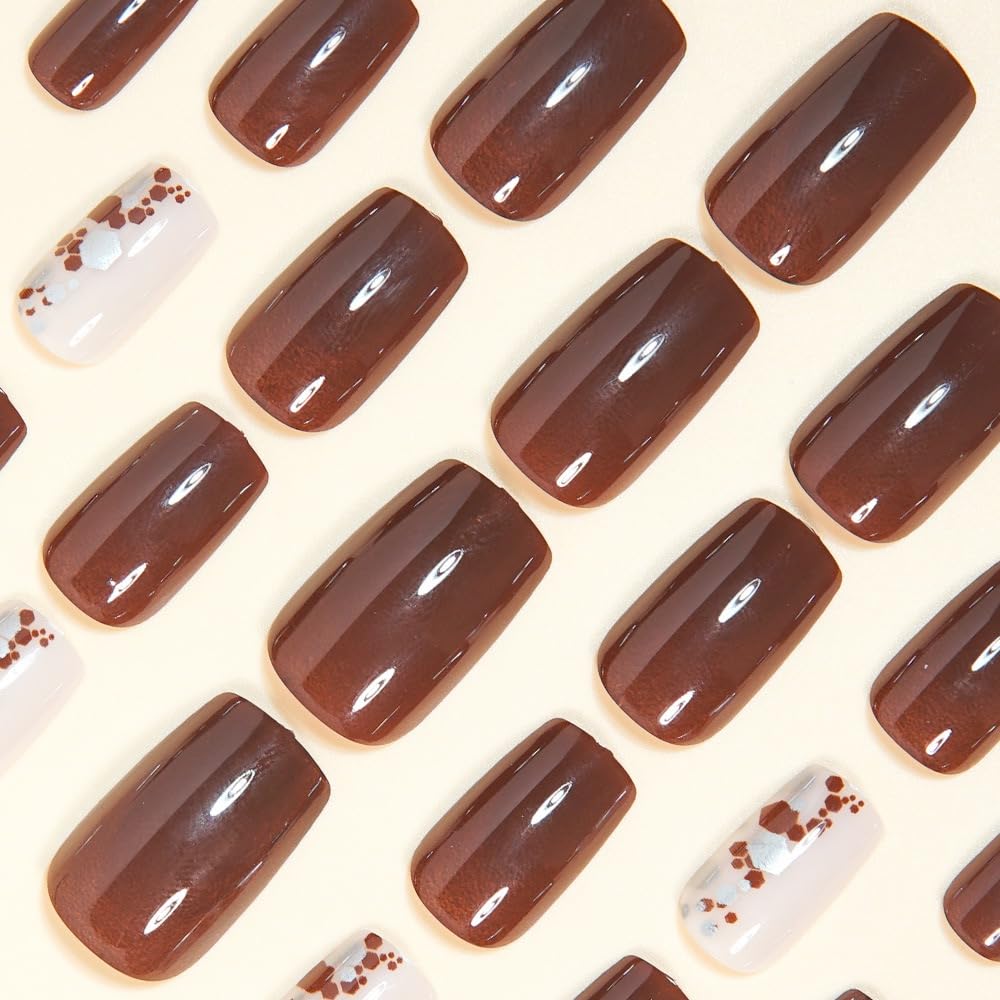 CTTHNBD Square Press on Nails Short - Brown Fake Nails with Silver Sequins Design - Glossy Full Cover Stick on False Nails for Women - 24 Pcs