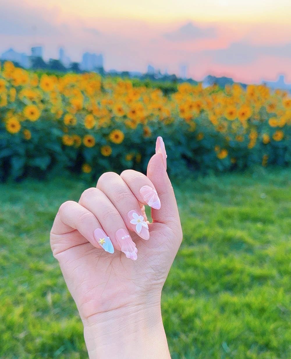 10Pcs Medium Almond Handmade Press On Nails | Easy Apply & Remove, Reusable Salon Quality Nails | Sheer Nude Beach Themed Fake Nails with 3D Seashell & Floral Accents (A022, M)