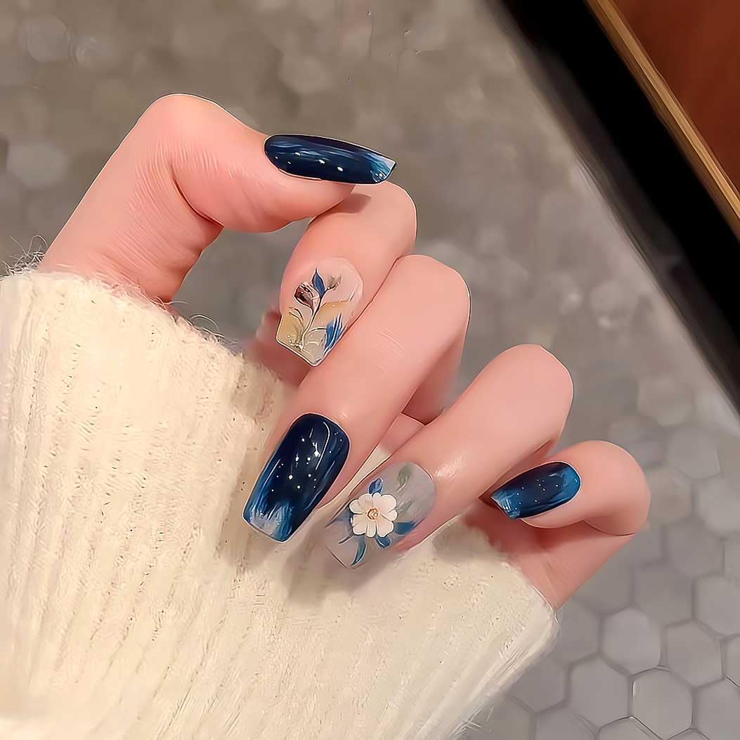 RikView Square Press on Nails Medium Fake Nails Dark Blue Nails with Flowers Design Glossy Full Cover Nails for Women 30 PCs/Set