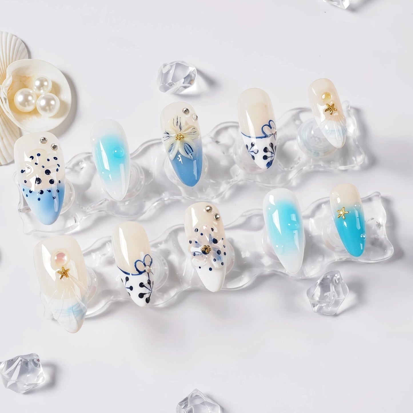 Tesytto Handmade 3D Shell Press on Nails - Medium Almond Blue Ombre, Ripple French Tip & Flower Design Summer Mermaid Nails (Big Island-B,S)