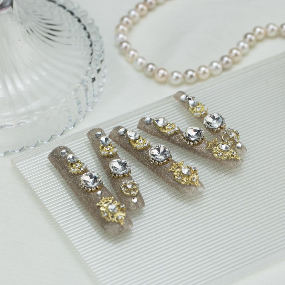 Tmani 10pc/set Extra Long Handmade Press On Nail Hot Girl's Long Ballet Nails Square Nail Full of Diamond Glitter Decoration Fake Nails Suitable For Girls Festival Parties and Birthday Gift (Grey, M)