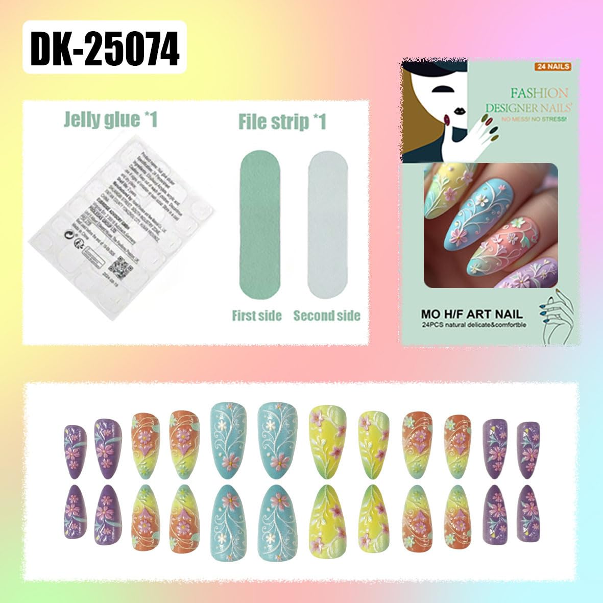 24Pcs Medium Almond Fake Nails Floral Macaron Press on Nails with Colorful Flowers Designs Spring Summer Nails Glue on Acrylic False Nail Full Cover Glossy Stick on Nail for Women Manicure Kit