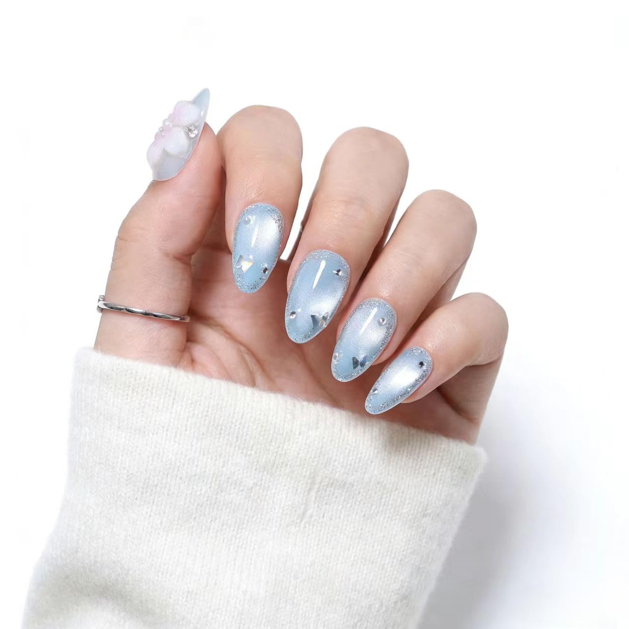 10 Pcs Short Almond Handmade Press On Nails | Sky Blue Cat Eye with 3D Floral & Rhinestone Accents | Reusable, Easy to Apply & Remove, Salon-Quality Manicure (RR16, S)