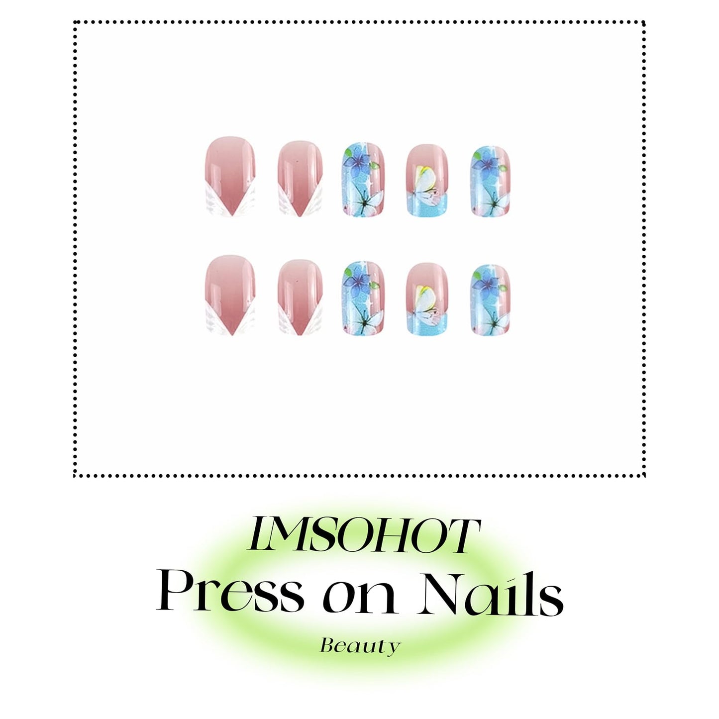 IMSOHOT Short Press on Nails Square White French Tips Fake Nails with Blue Butterfly Designs Full Cover Glossy Squoval False Nails Stick on Fingernails Gel Glue on Nails for Women Girls 24Pcs