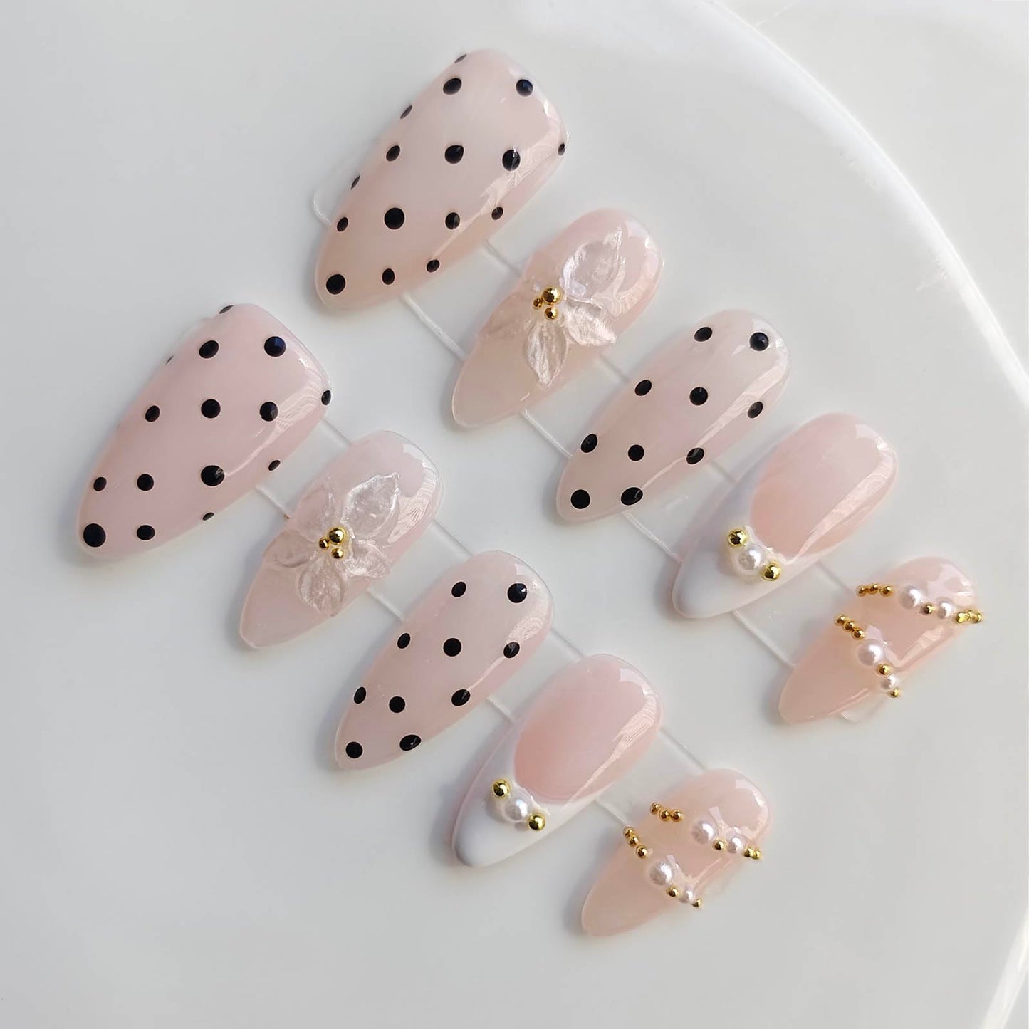 Gleamrain 10pcs Almond Handmade Press-on Nails, Medium French Tip (M Size) - With Flower and Polka Dots Design, Pink,Suitable for Women Girls for Daily, Parties, Holidays and Proms,D201