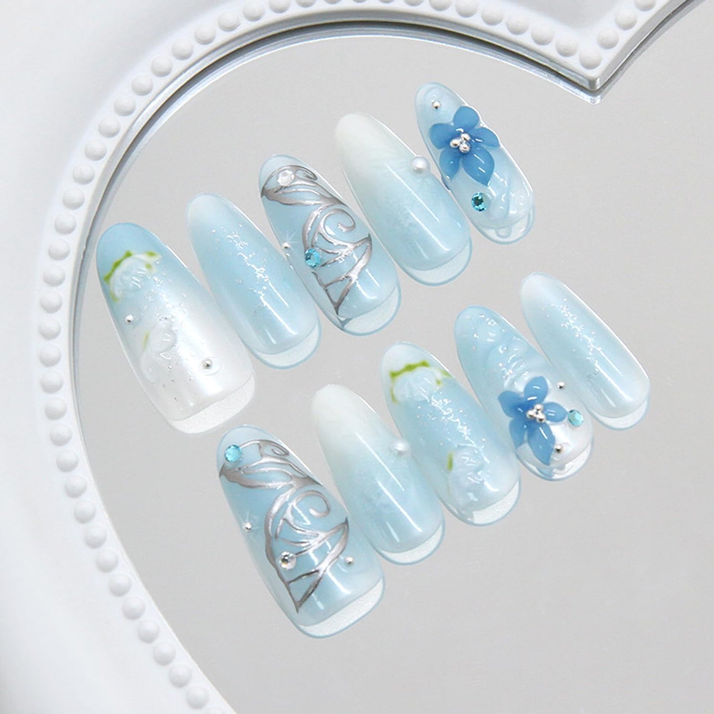 30Pcs Blue Smudge Press on Nails Medium Almond Fake Nails with 3D Rhinestone Pearls Design Butterfly Floral False Nails Lotus Flower Glue on Nail Glossy Full Cover Water Ripples Acrylic Nail for Women