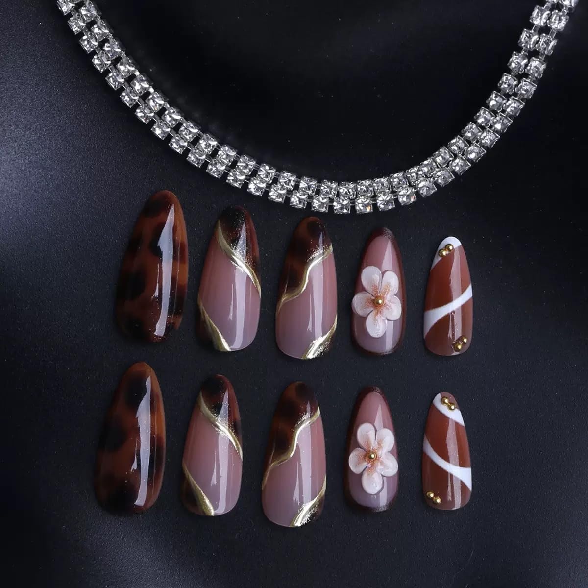 Medium Press on Almond Nails - Brown Fake Nails with Flower Design - Leopard Print, Ombre False Nails - for Women 24 Pcs