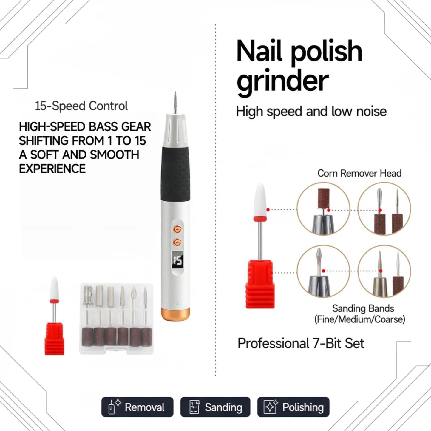 Cordless Nail Drill Professional, 15 Speeds 2-Way Portable Electric Nail File Kit for Women Home Salon Manicure Pedicure Beginners (White)