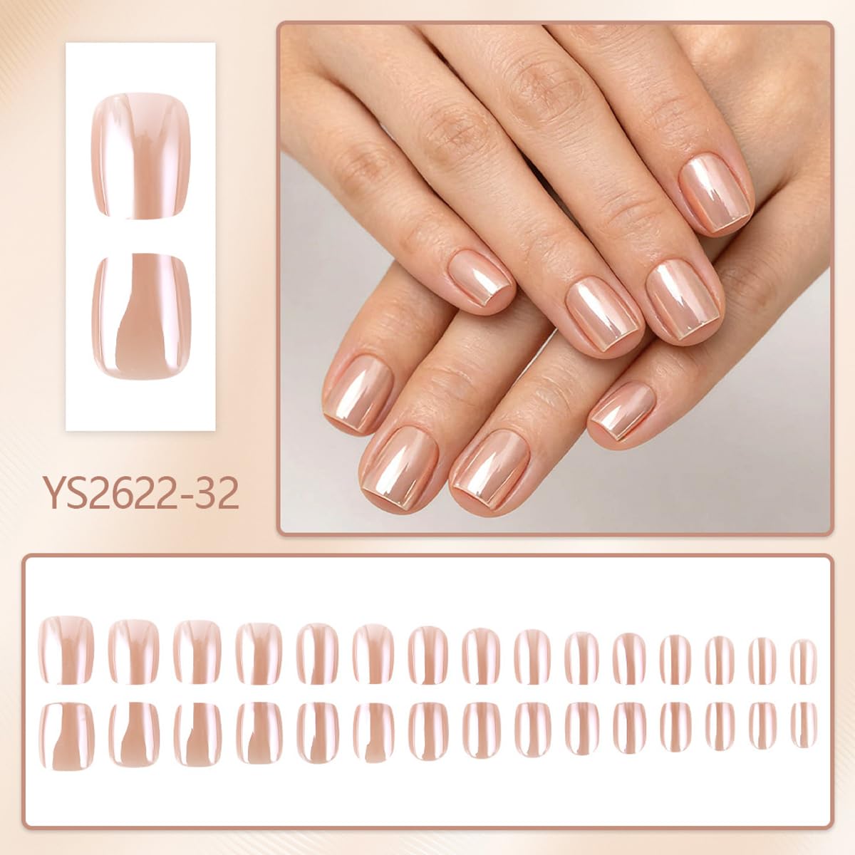 Short Press on Nails Square - Nude Chrome Fake Nails with Design, Reusable Artificial Glue on Nails for Women Manicure 24 Pcs
