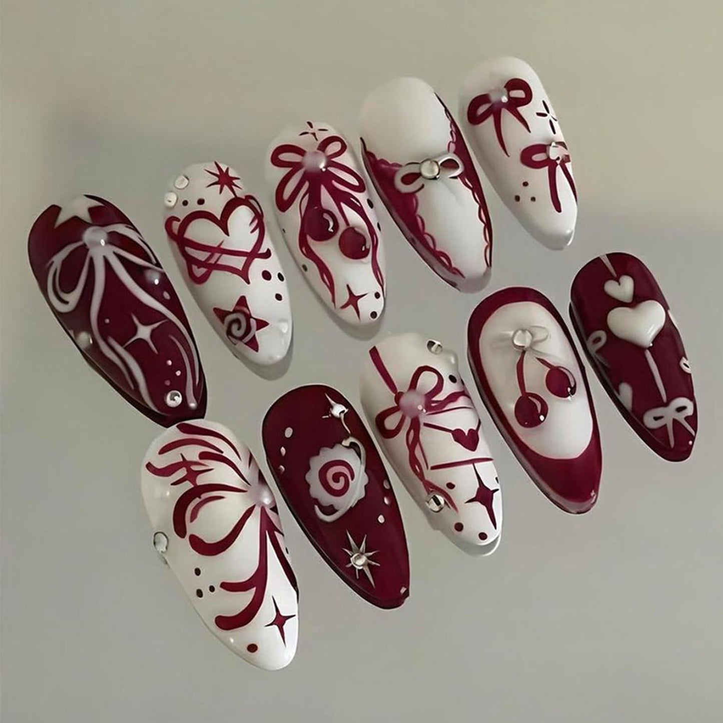 30Pcs Mid-length French Tip Press on Nails Fake Nails Cherry Red And Bow Designs French Nails Cute Stick on Nail Heart Press On Pearl Nail Handmade False Nail Artificial Glue on for Women Manicure