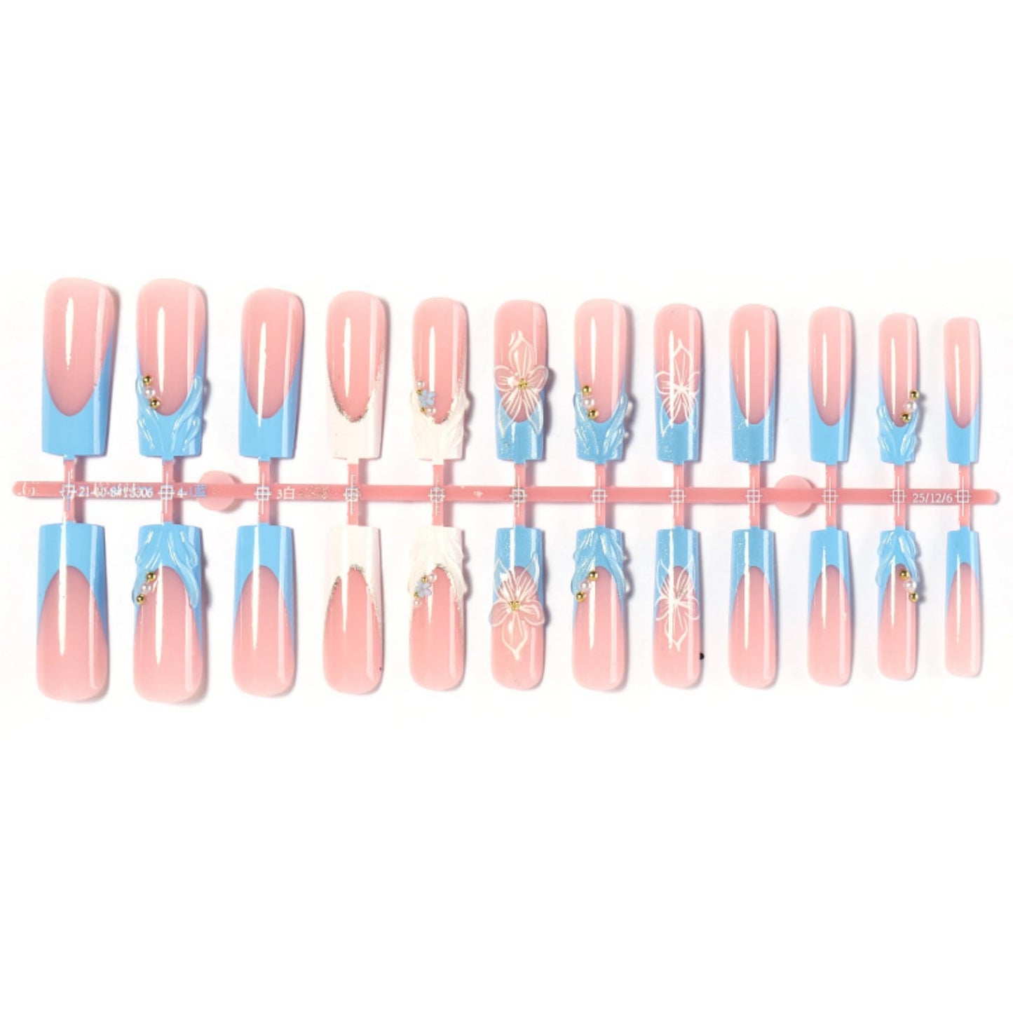 Long Press on Nails Square Fake Nails Blue Artificial Nail Ocean Wave French Tip Pearl Gold Bead Floral Glossy Stick on Nail Mermaid Summer Salon Look for Women 24pcs