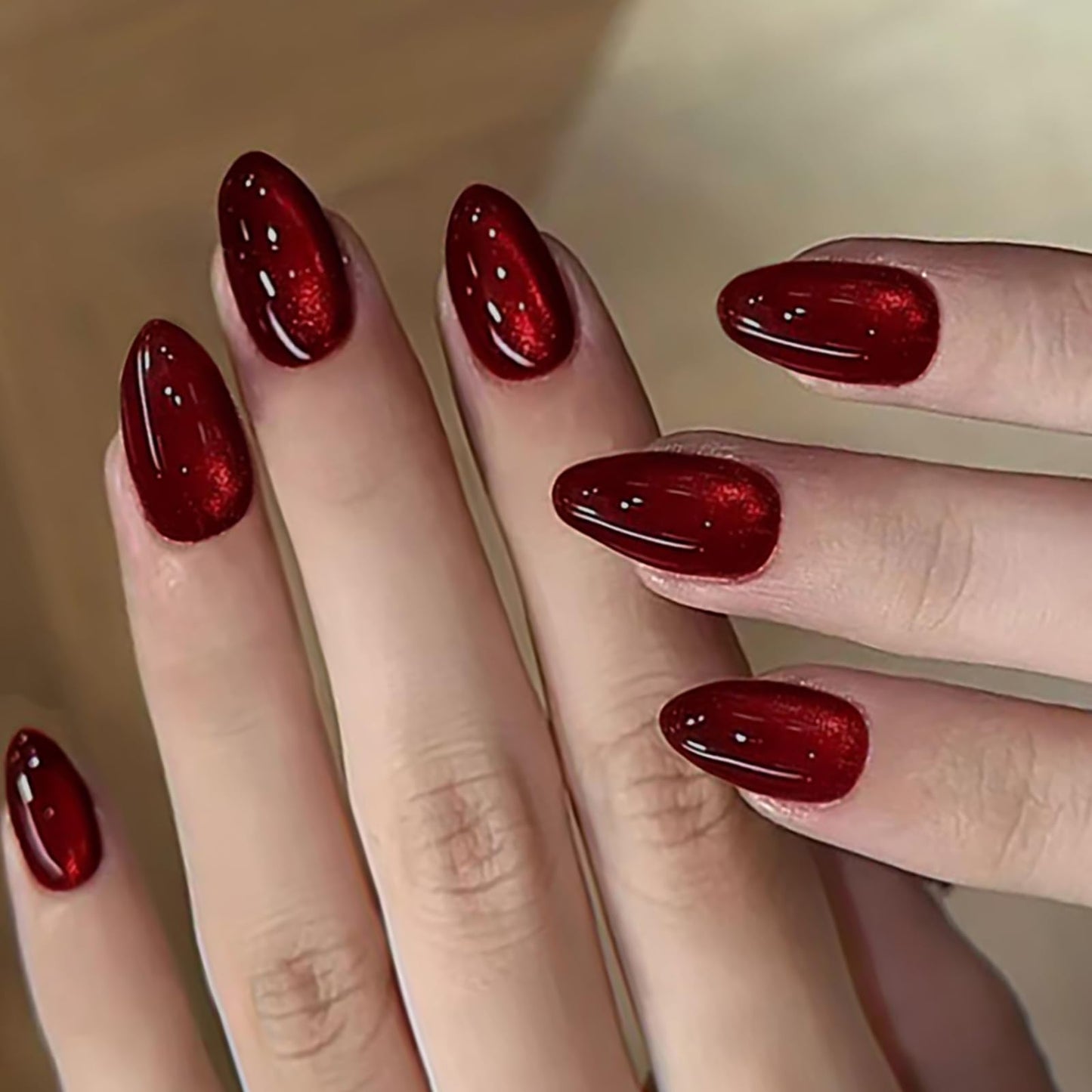 HOSAILY Red Cat Eye Press on Nails Almond, 24pcs Glitter Burgundy Fake Nails Short Stiletto, Winter Xmas Black Dark Red Glue on Nails Press ons, Glossy Shiny Bling Natural Stick on Nail for Women Gift