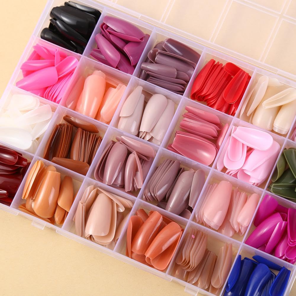 576Pcs Medium Coffin Press on Nails 24 Solid Color Fake Nails with Designs Short Ballerina False Nails Full Cover Color Glue on Nails Glossy Summer Stick on Nail Set for Women Girls Nail Art DIY