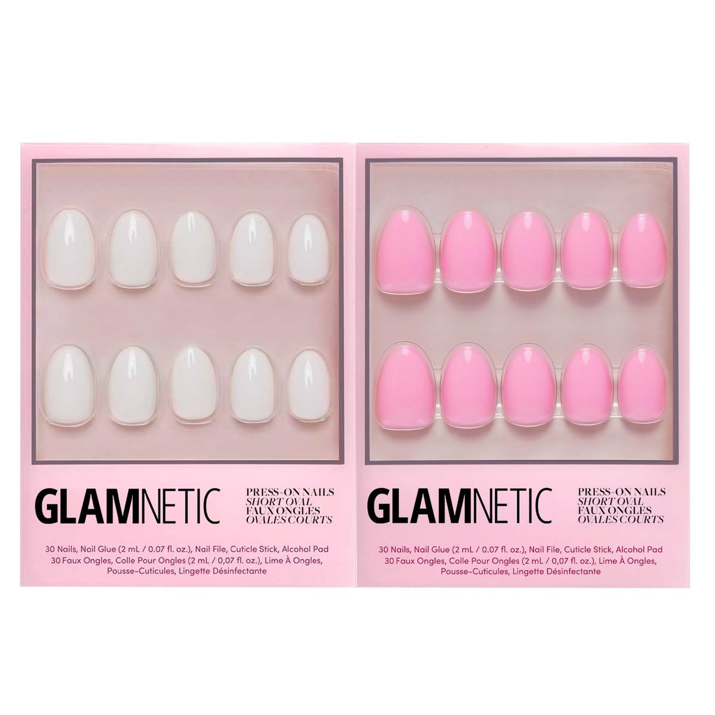 Glamnetic Press-On Nails Bundle - White Swan & Think Pink | Opaque Classic Off White Short Oval False Nails | Light Pastel Pink Short Oval Fake Nails | Reusable, Salon-Quality Nail Kits