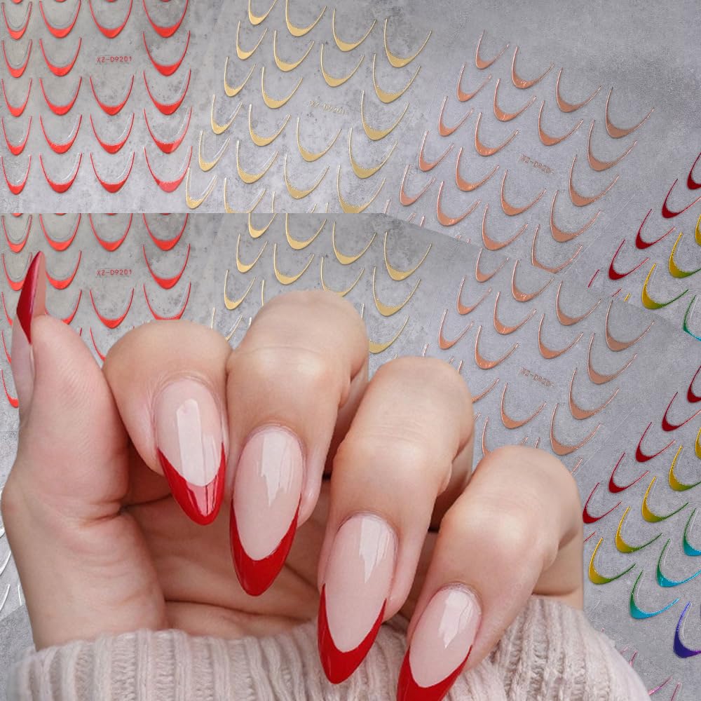 10 Sheets Colorful French Nail Stickers for Nail Art, 3D Self-Adhesive Gold Sliver Rosegold French Nail Decals, Red French Lines Nail Supplies Designs Accessories for Women Girls Manicure DIY