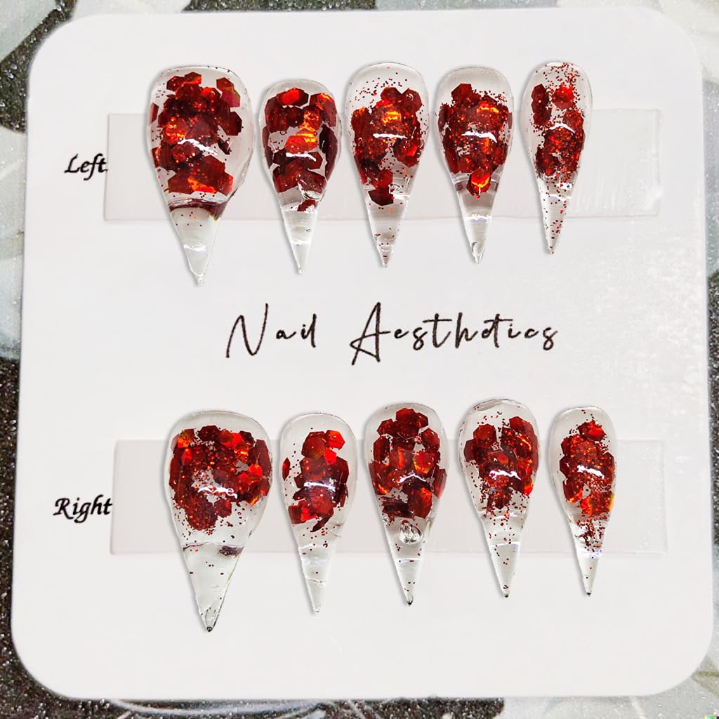Handmade Press on Nails Luxury Handmade False Nails with Eagle Claw Art Design Red Glitter Sequin Fake Nail Muti-Layer Goth Stick on Nail Long Curved Stiletto Acrylic Nails for Women (M）