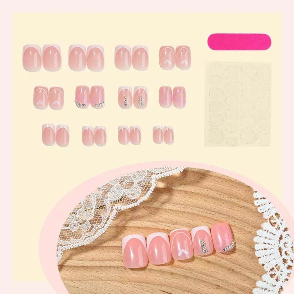 Short Press on Nails Square - White French Tip Fake Nails with Heart Design - Rhinestone, Cute Full Cover Stick on False Nails - for Women 24 Pcs