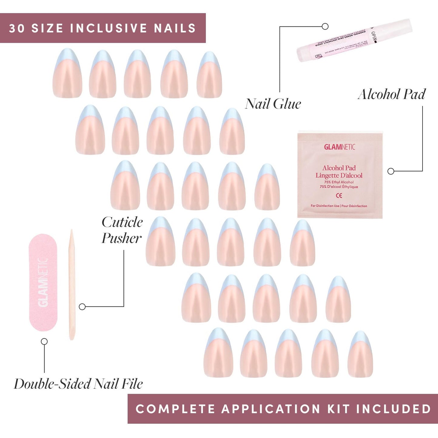 Glamnetic Press On Nails - Blueberry Icing | Short Almond Baby Blue French Tip Fake Nails with a Glaze Finish | 15 Sizes - 30 Nail Kit with Glue