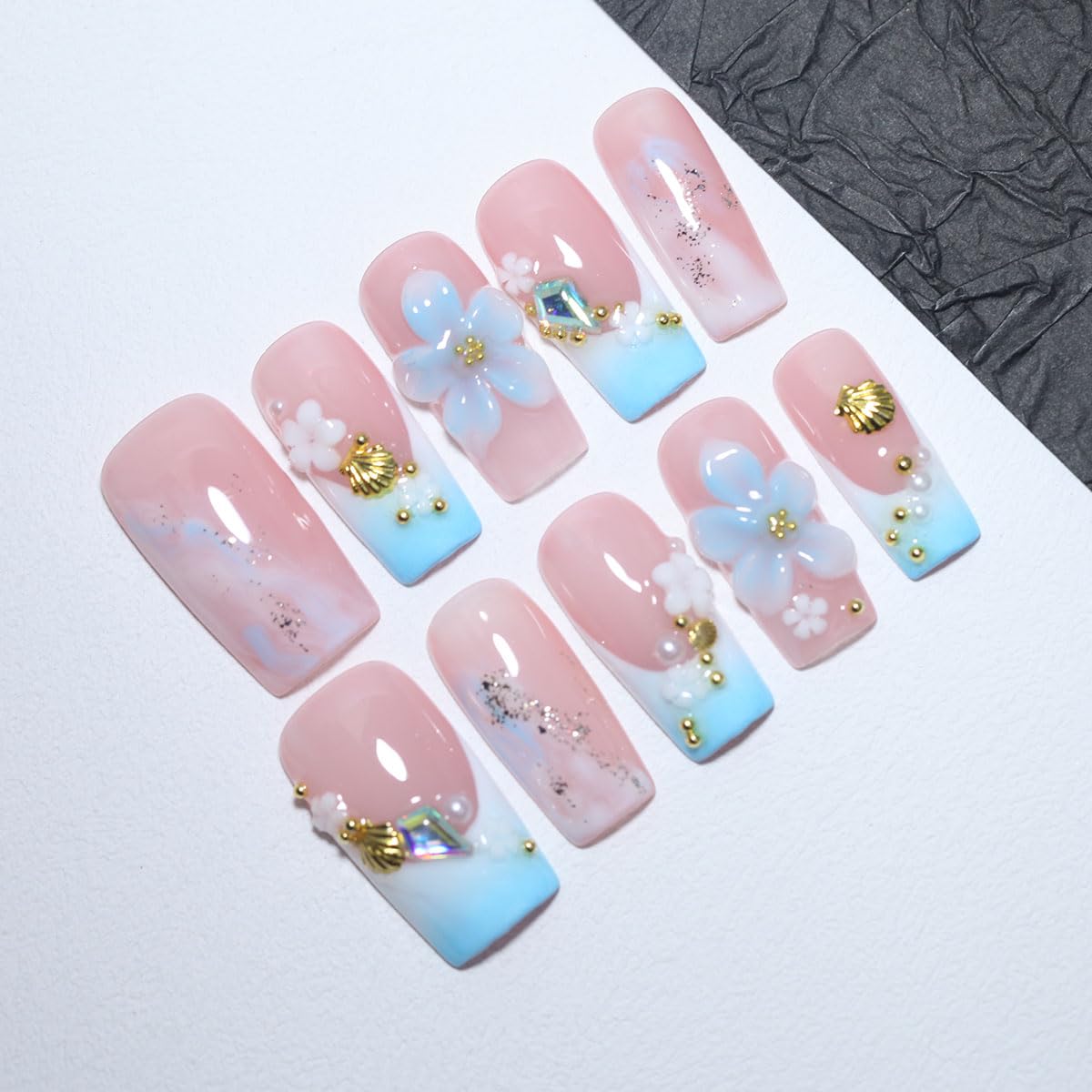 10Pcs Long Coffin Handmade Press On Nails | Easy Apply & Remove, Reusable Salon Quality Nails | Fresh Summer Pink Blue Fake Nails with 3D Flower, Gold Seashell & Rhinestone French Accents (O907, S)