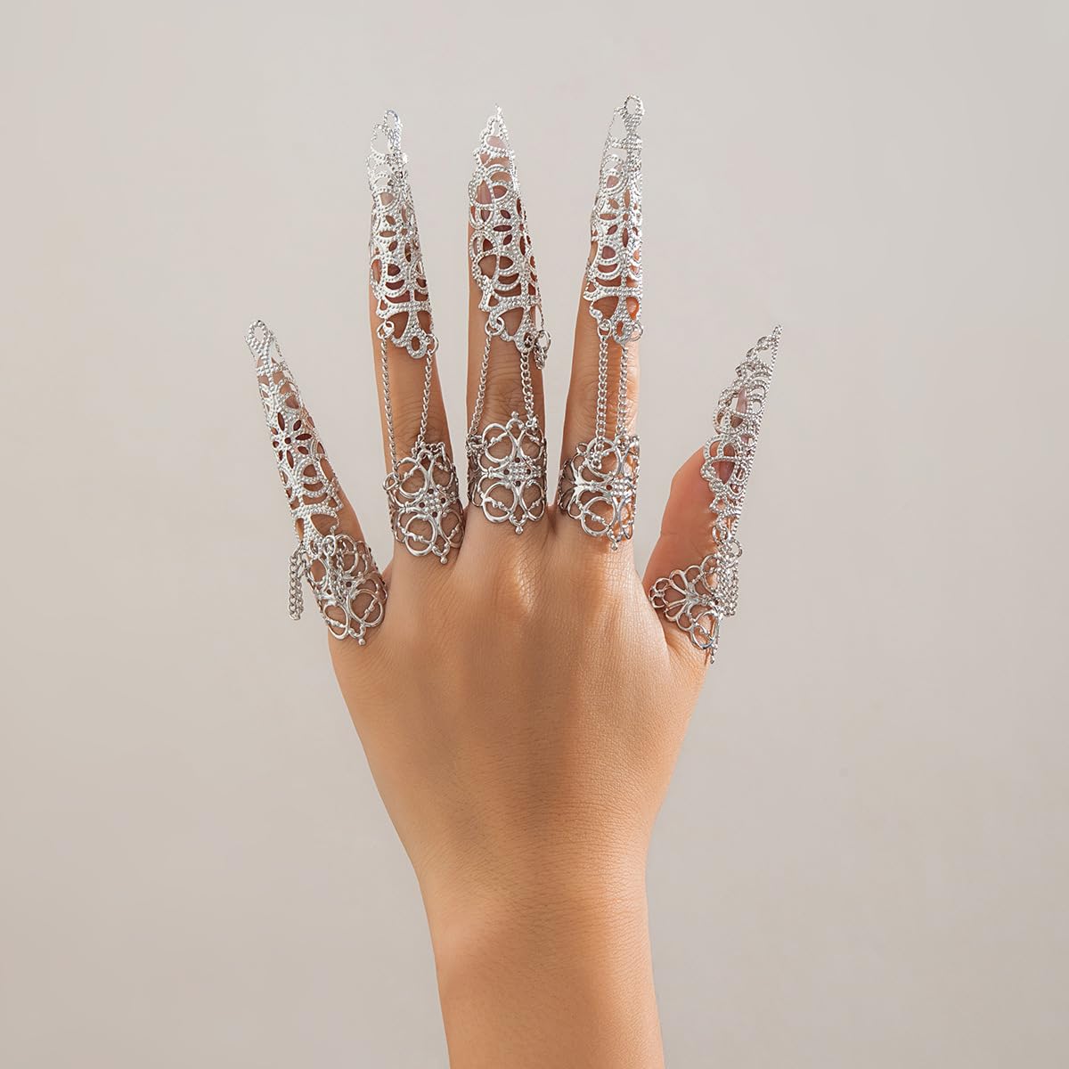 MOEEIJEW Gothic Nails Bracelets for Women Men Punk Fingera Hand Chain Cosplay Finger Rings Claw Bracelets Costume Jewelry (Silver)
