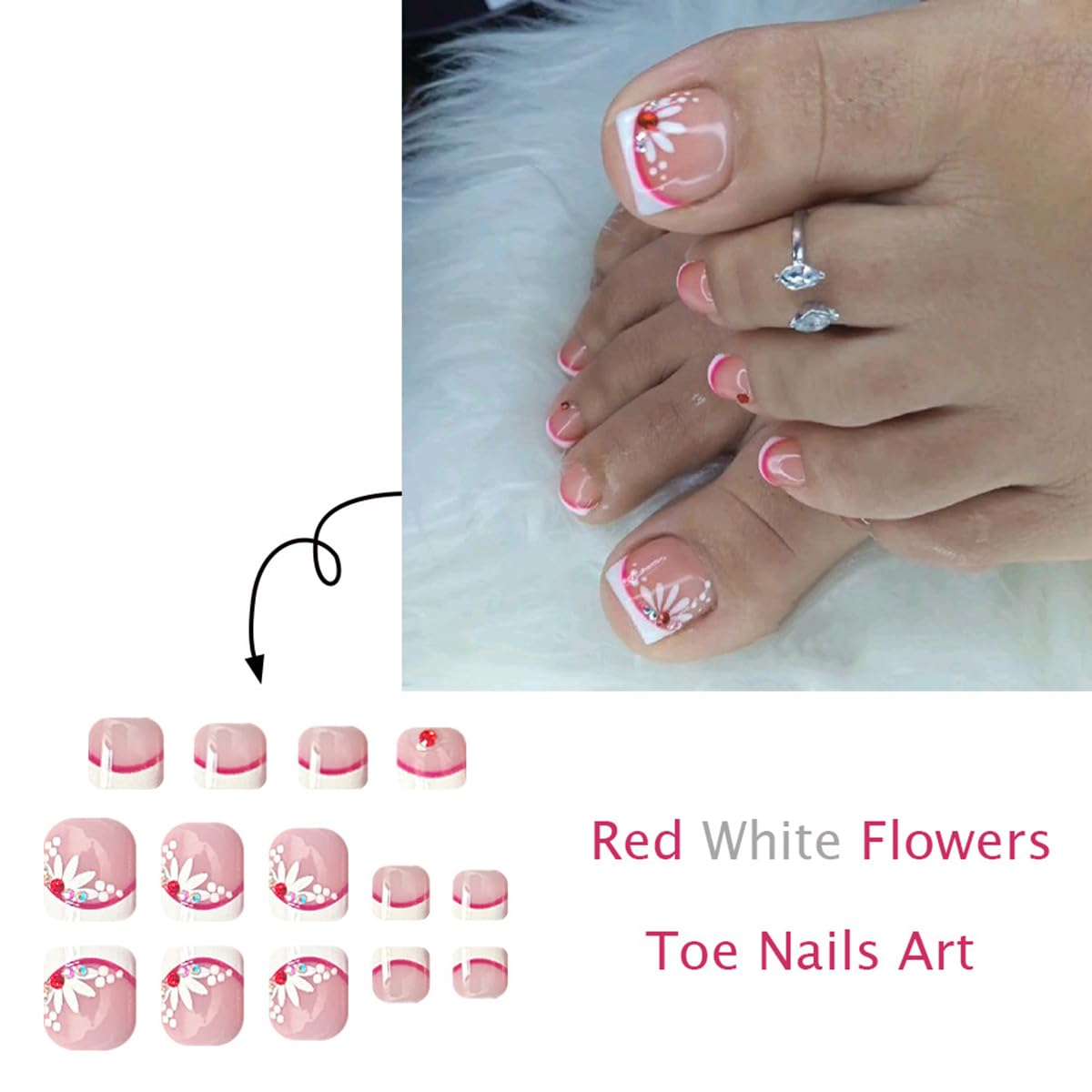 yefiuo Flowers Press on Toenails White Red French Toe Press on Nails Tips Kit Fake Toe Nails Press ons False Toenails Rhinestones Acrylic Glue on Nails Stick on Nails for Women Nail Supplies 24Pcs