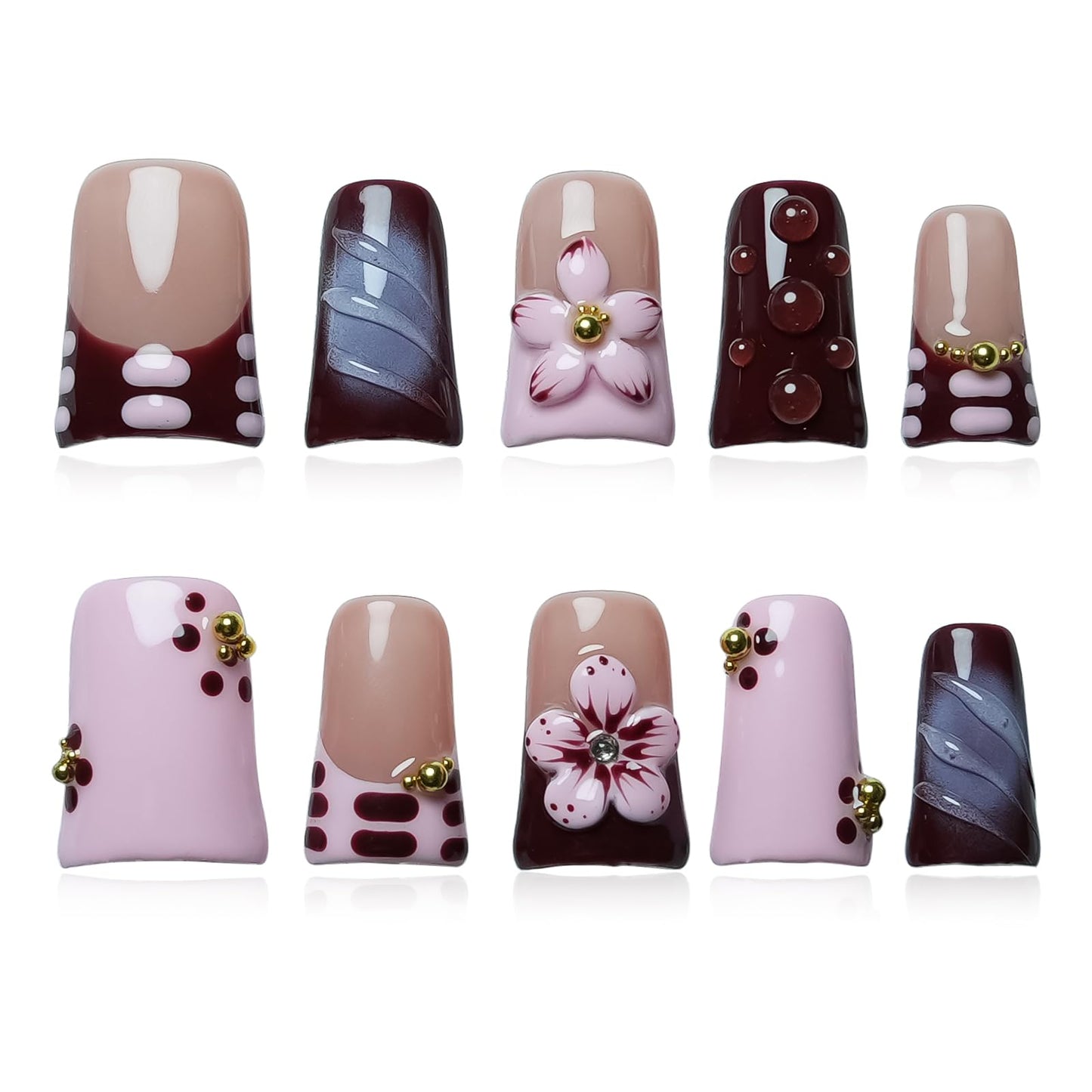 Tesytto Handmade Press on Nails Short Duck - Burgundy Nude Pink Ombre French Tip with 3D Cherry Flower & Y2K Gold Beads, Summer Reusable Acrylic Full Cover (Blush Mauve Flower Waltz, L)
