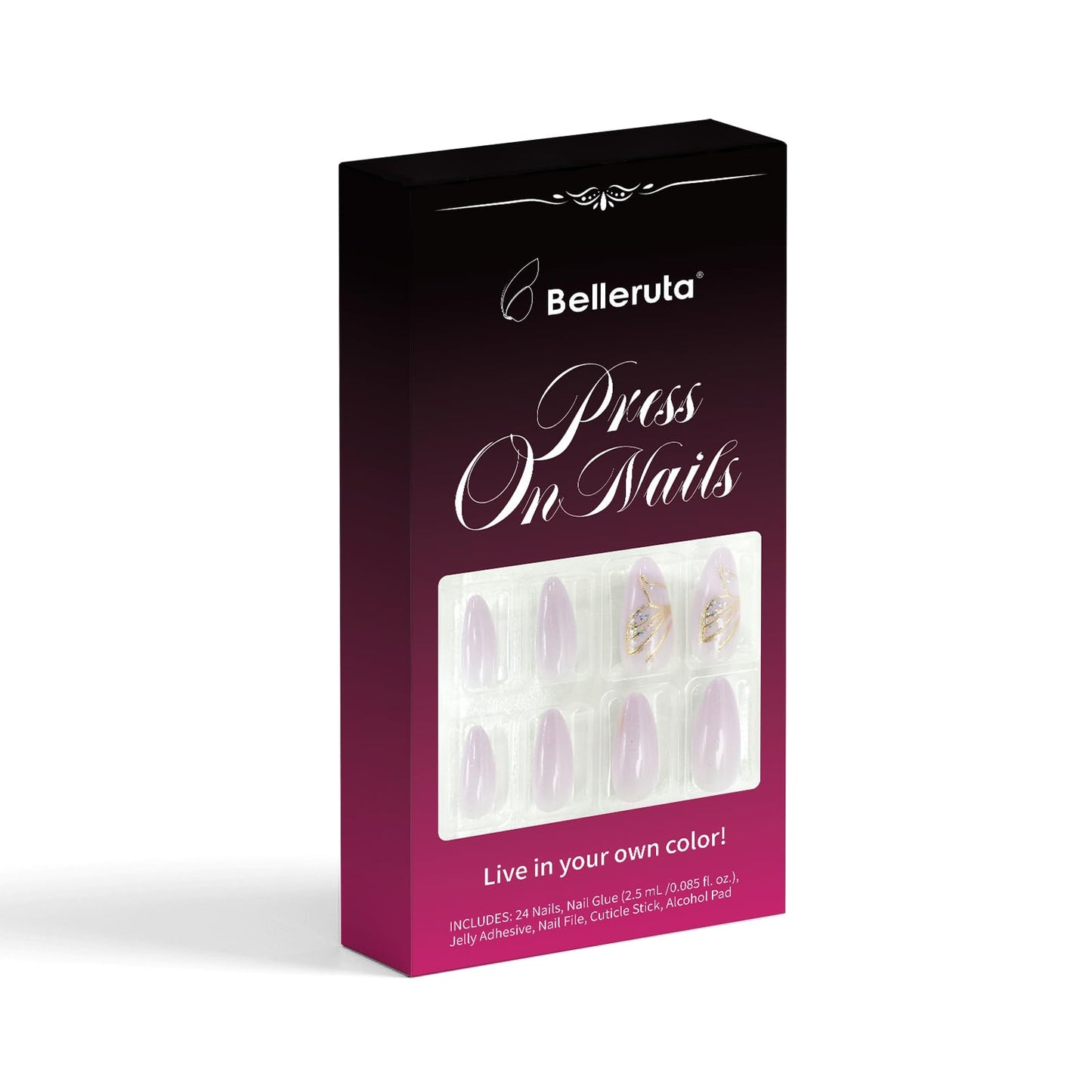 Belleruta Press On Nails Kit, Lavender Purple Butterfly, Short Almond Fake Nail Tips, 24 PCS Nails Press Ons with Glue and Gel