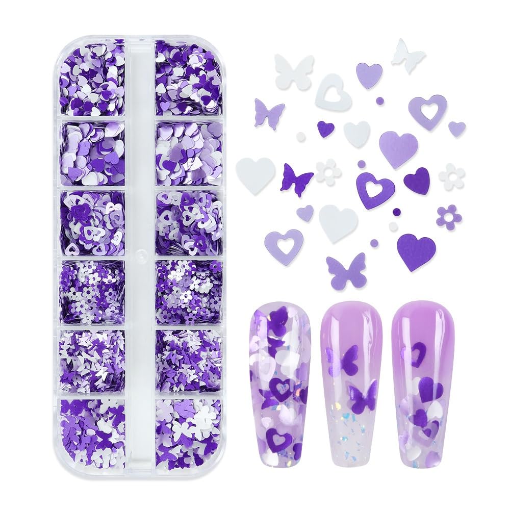 1 Box 2 Color Holographic Hearts Flower Nail Glitter Purple Nail Sequins 3D Butterfly Nail Flakes Sparkly Powder Flakes Shiny Nail Confetti Hollow Chunky Glitter for Nails Art 12 Grids