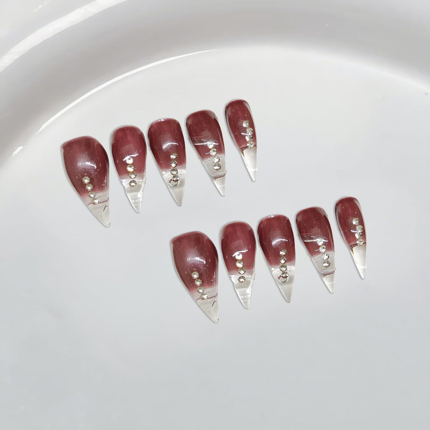 Handmade Press on Nails Curved Stiletto Fake Nails Eagle Claw Art Design Dragon Claw False Nail Wine Red Glitter French Tip Acrylic Nail Glossy Stick on Nails for Women (M)