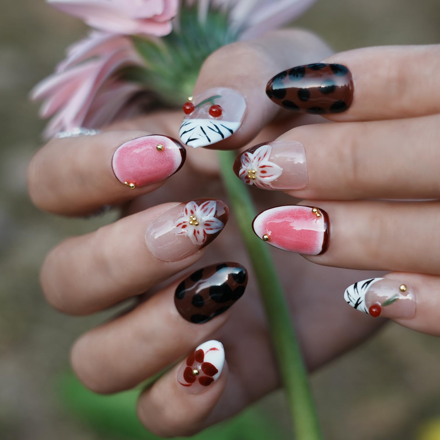Tesytto Handmade Short Almond Press on Nails - Leopard Print & Cherry Floral Design, Coffee Dot Glossy French Tip Reusable False Nails (Leopard Cherry Fun, L)