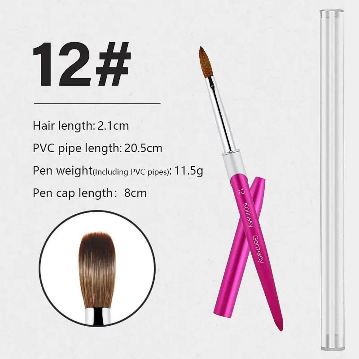 100% Pure Kolinsky Acrylic Nail Brush Size 12, Hair Acrylic Crystal Hot Red Pink with Silver Ferrule Round Shaped for Women Girls Manicure Tools Accessories