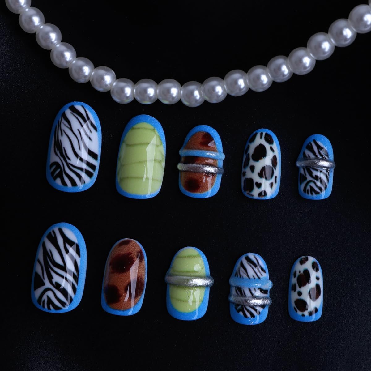 plalely Almond Press on Nails Medium Funny Fake Nail with Turtle，Zebra，Leopard Stripe Acrylic Nail Press ons Stick on Nails for Women 24pcs