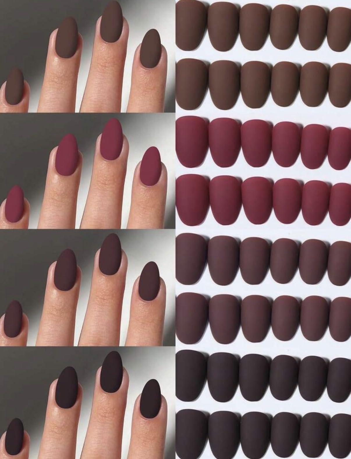 Short Almond Press On Nails – Natural Matte Nude Set, Mocha Brown & Burgundy, Clean Girl Look, Extra Strong Glue, Reusable Fake Nails