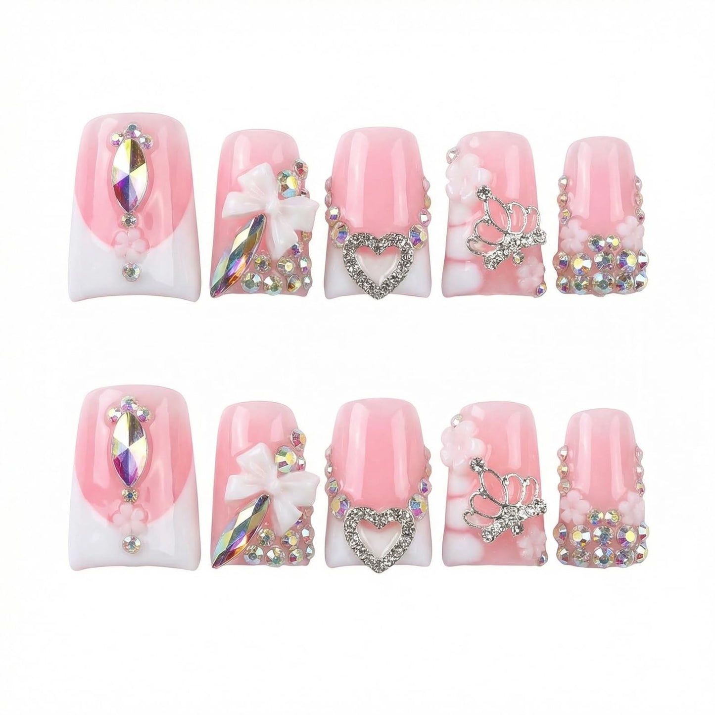 Handmade Acrylic Press on Nails Short Duck Nails Press on Nail Kit,With Rhinestones and Bow Design False Nails | Easy to Apply, Remove & Reusable, Salon - Quality(Size M)