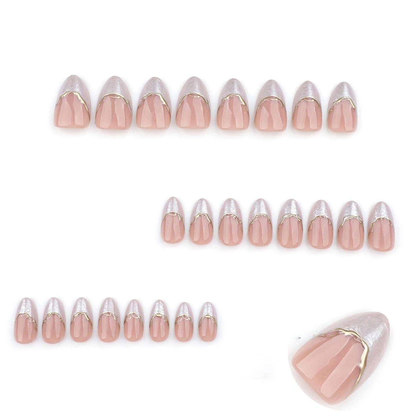 Press On Nails French Tip Fake Nails Glossy False Nails Press Ons With Gold Line Design French Stick On Nails Reusable Full Cover Acrylic Glue On Nail For Women Manicure Decorations
