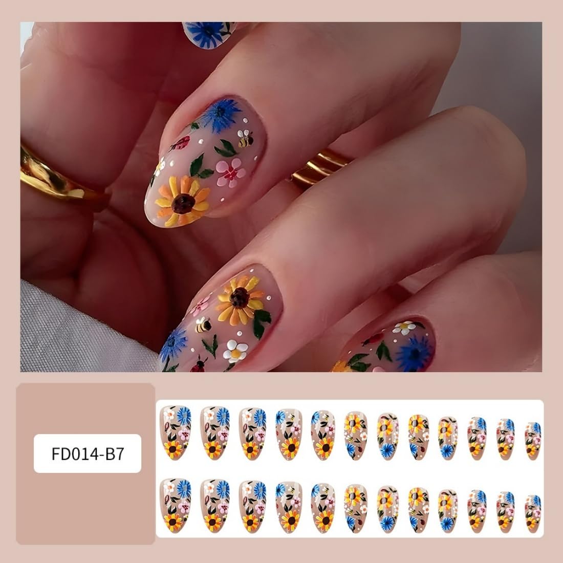 Press on Nails for Women Short Flowers French Almond Nail Tips Acrylic Nail Fake Nails Press 24 Pcs