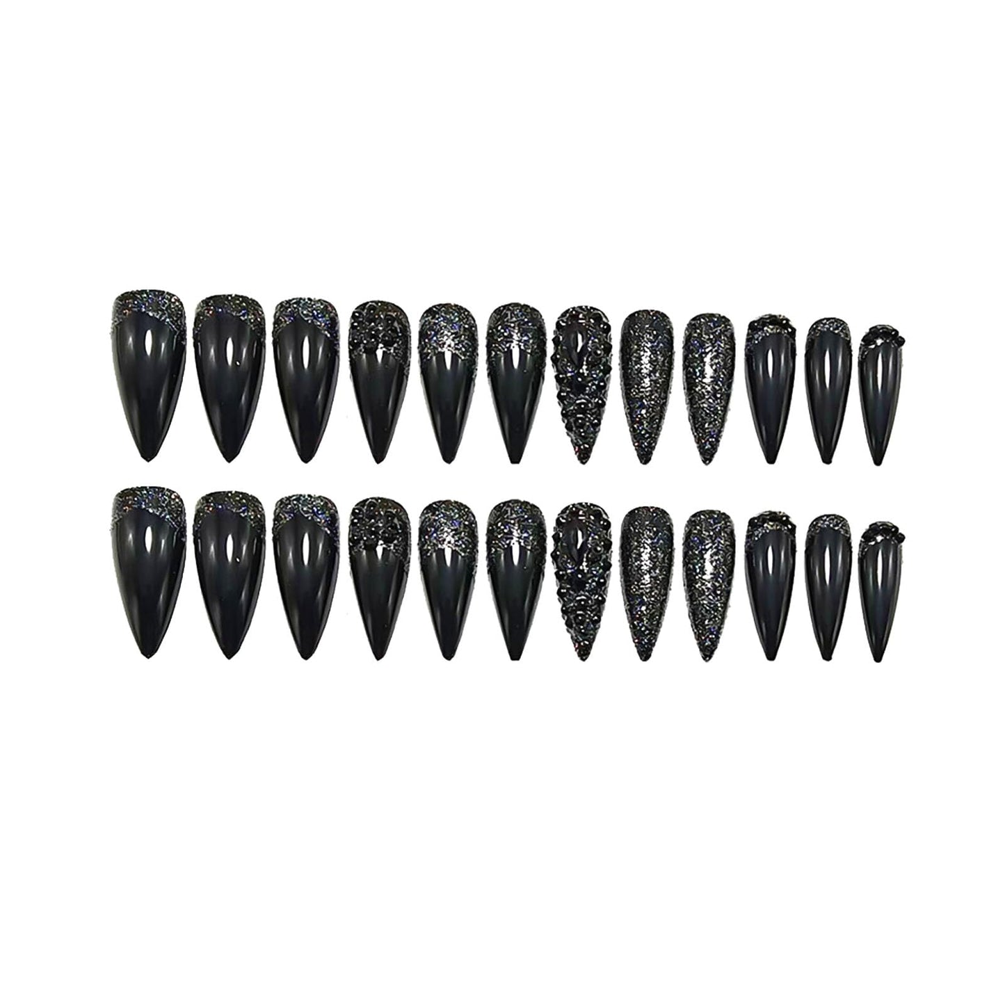 RUOKEXIN Long Almond Press on Nails French Tip Fake Nails Black False Nails with Rhinestones Designs Stiletto Nail Press ons Sparkly Artificial Nails for Women 24Pcs