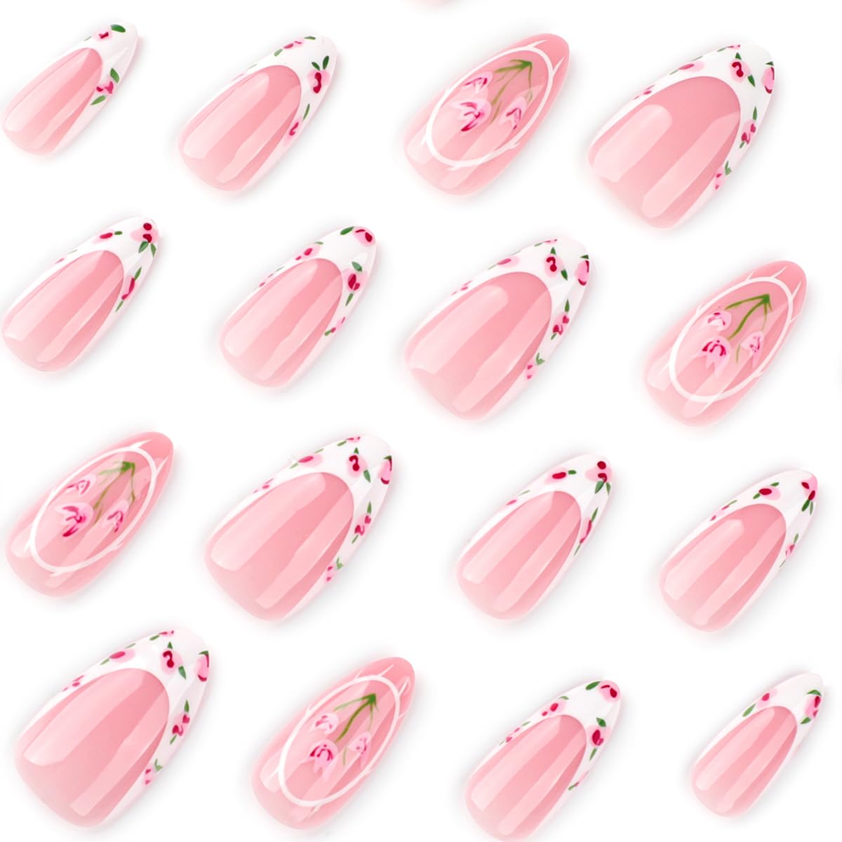 Almond Press On Nails - Summer Medium Nude pink white French with Tulip Floral Design Fake Nails Glossy Finished Reusable False Nails with Glue Tabs - 24Pcs Nail Kit for Women Manicure