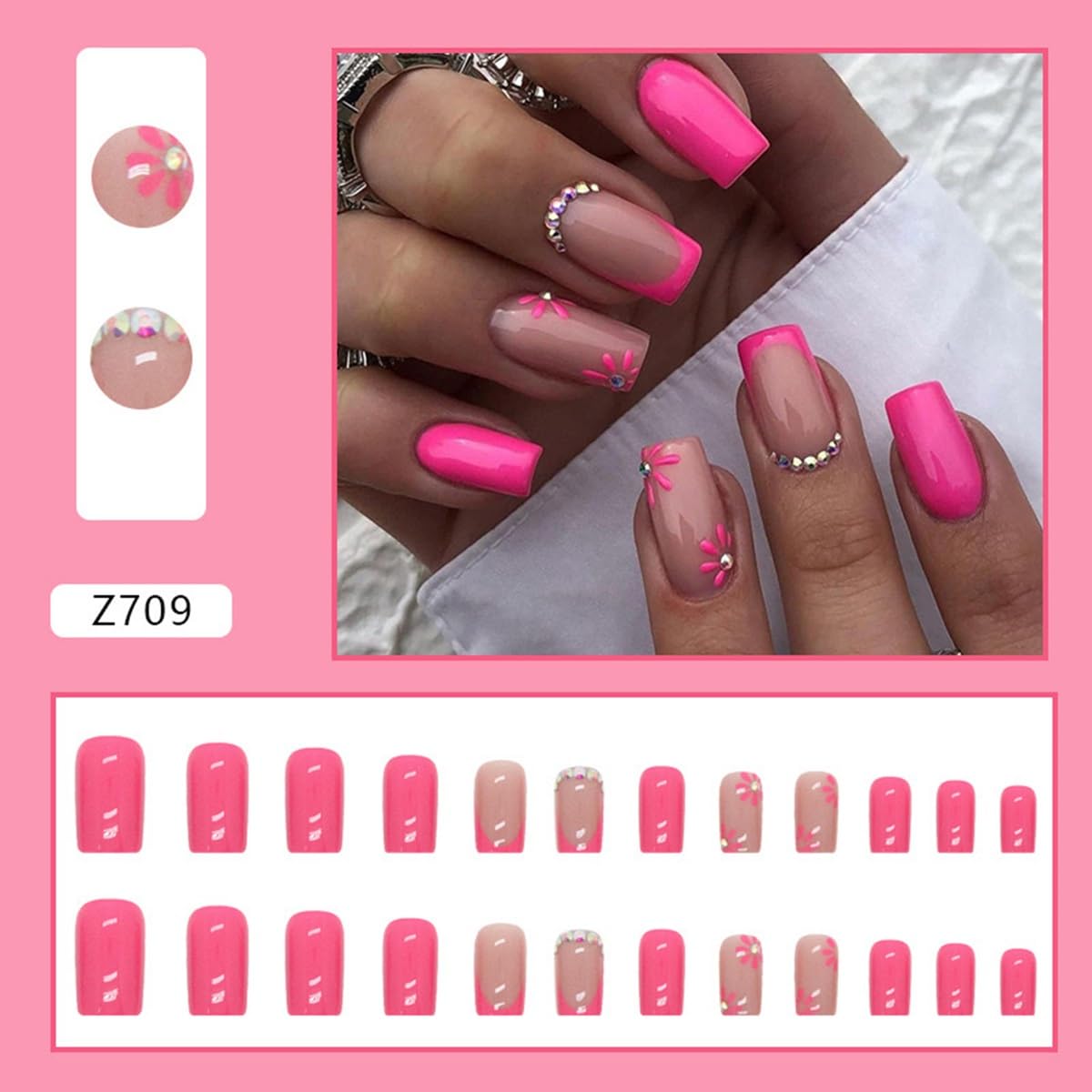 CTTHNBD Press on Nails Square - Medium Fake Nails with Flower Deisgn - Hot Pink, French Tip Stick on False Nails for Women - 24 Pcs