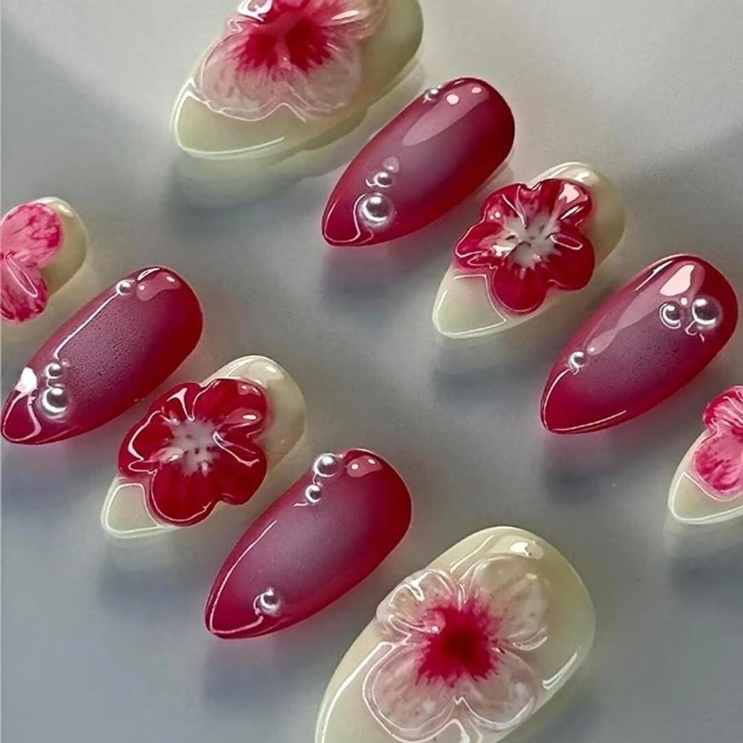 10PCS Handmade Nails Press On Nails Almond 3d fake nails short False Nails Women's Nails Kit acrylic cherry hand painted heart nails short,Small size