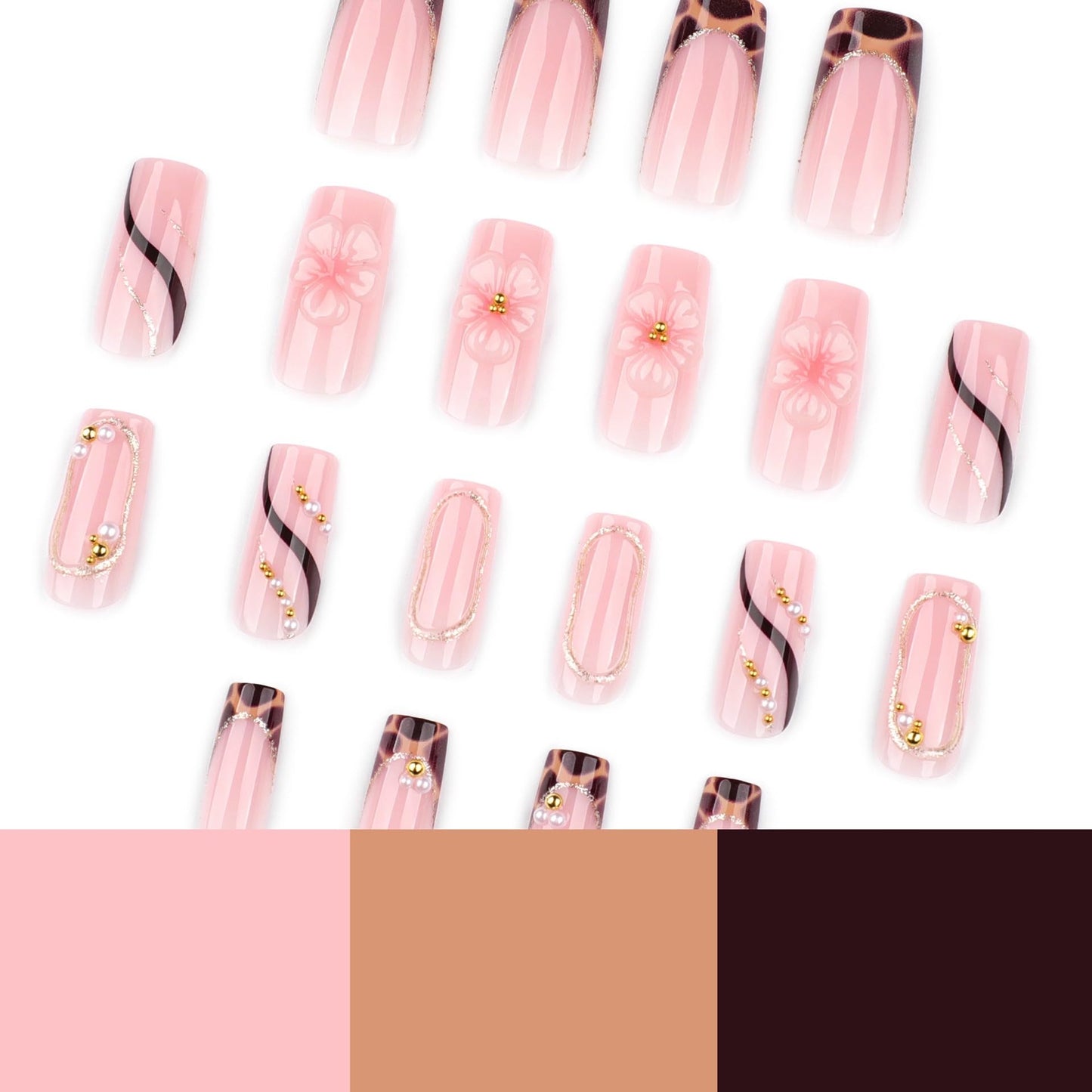 CTTHNBD Press on Nails Square - Medium Fake Nails with Flower Design - Leopard Print French Tip False Nails - for Women 24 Pcs